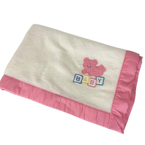 Vintage Cuddle Time Acrylic Baby Blanket With Pink Trim Bear Blocks Applique - Picture 1 of 6